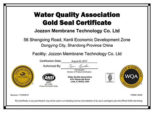 Water Quality Association Gold Seal Certificate