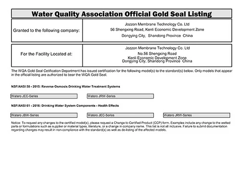 Water Quality Association Gold Seal Certificate