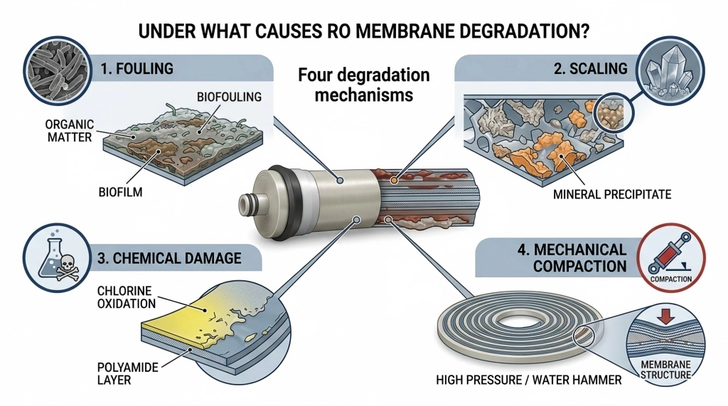 Main causes of RO membrane degradation including fouling, scaling, chemical damage and compaction