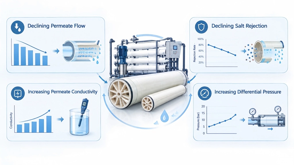 RO membrane replacement indicators for flow, salt rejection, conductivity and pressure drop